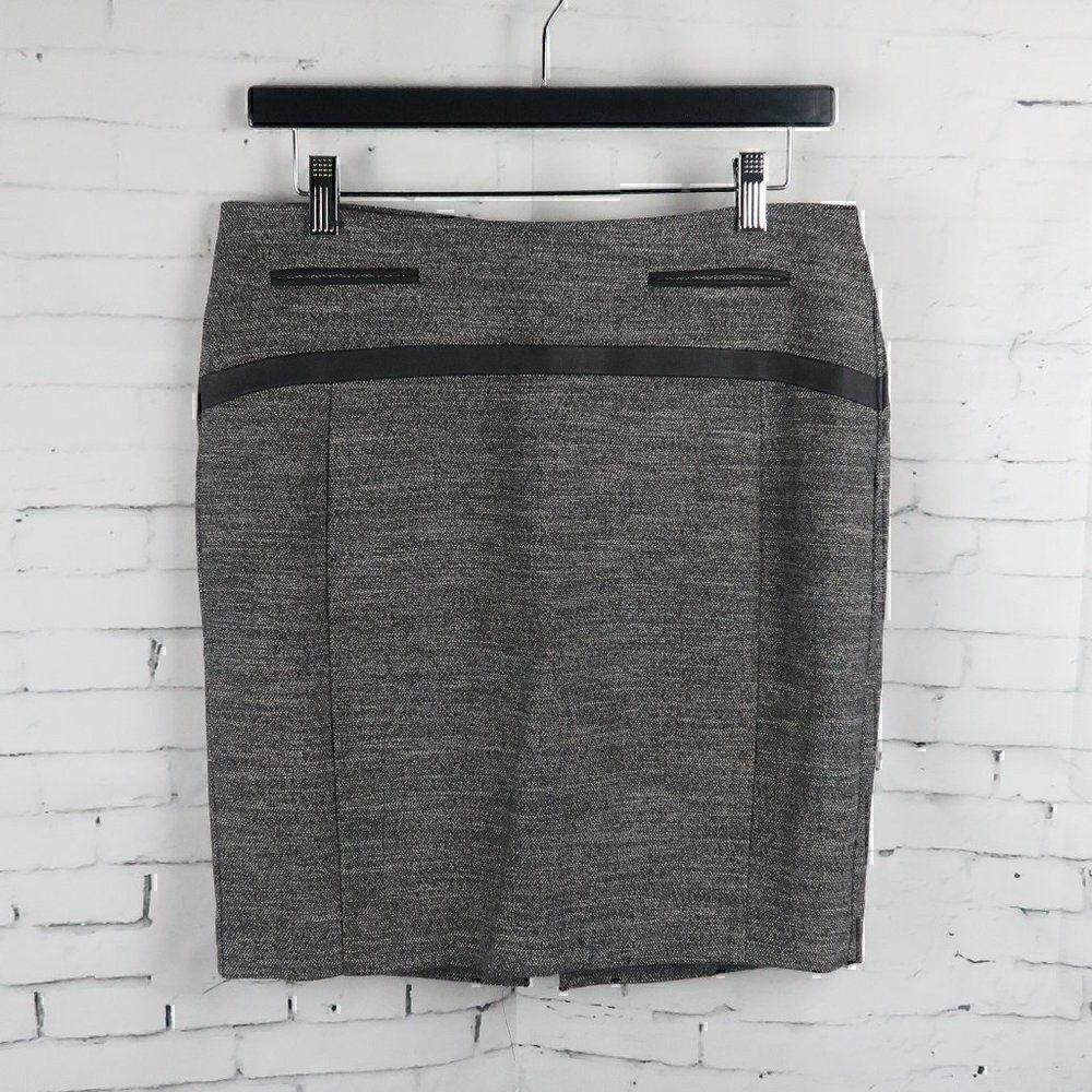 EXPRESS BLACK TWEED WITH FAUX LEATHER ACCENTS BUSINESS OFFICE WORK SKIRT SIZE 6